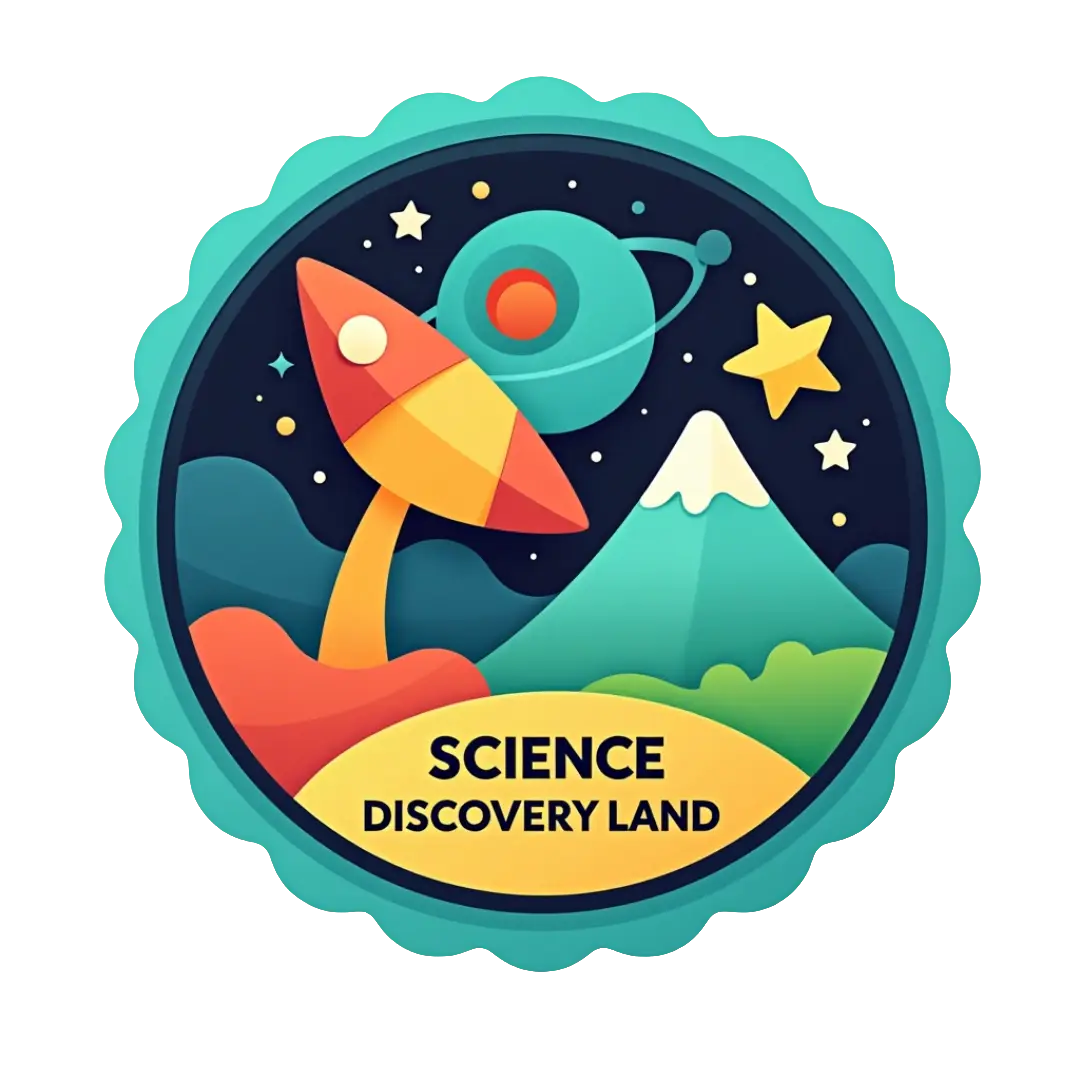 Science Discovery Land logo - rocket launching into space with mountain and planet, kids science education channel